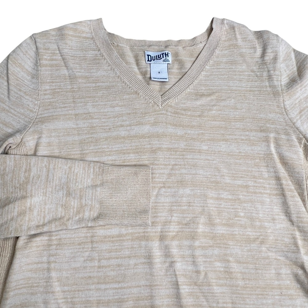Duluth Trading Co Womens Small Tan Space Dye V-Neck Tunic‎ Sweater Side Slit Hem